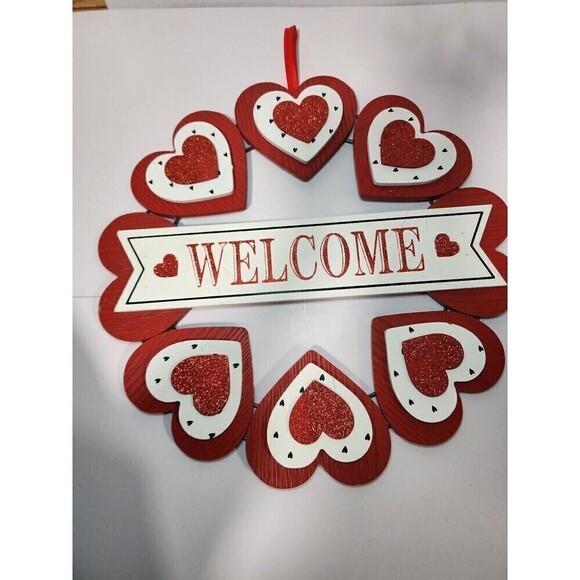 Valentine's Day Heart Wreath Door Hanger Sign Red White Glitter Wooden Welcome - Picture 9 of 9